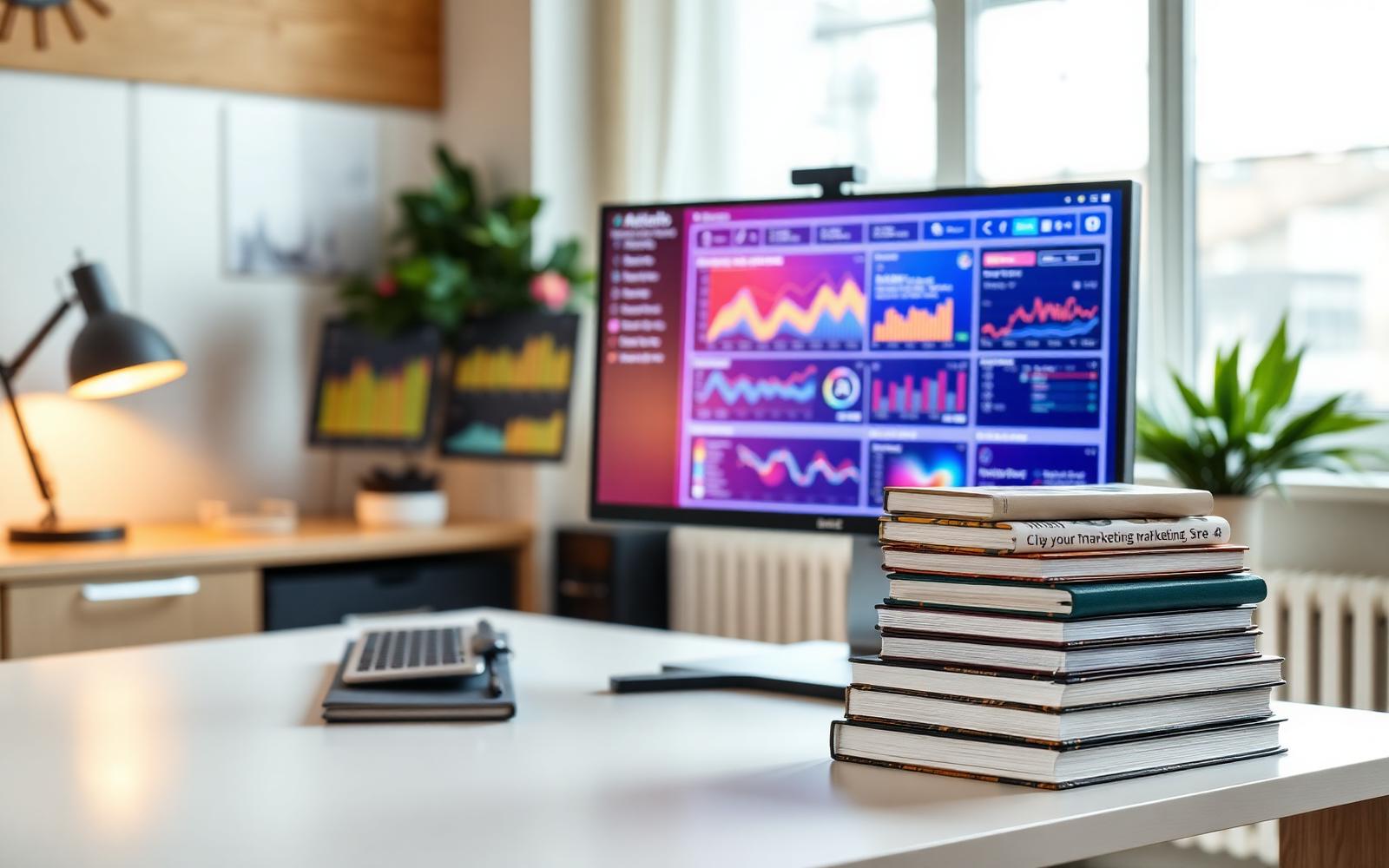 Modern workspace with AI marketing analytics dashboard